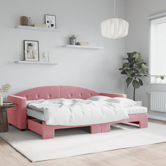 Slaapbank Onderschuifbed En Matrassen 80X200 Cm Fluweel Roze Roze 80 x 200 cm met onderschuifbed en matras