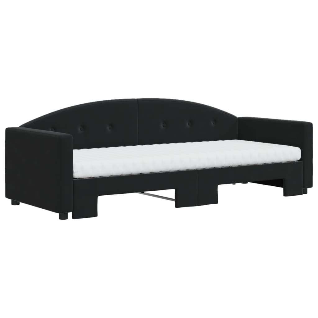 Slaapbank Onderschuifbed En Matrassen Fluweel 80 x 200 cm Zwart met onderschuifbed en matras