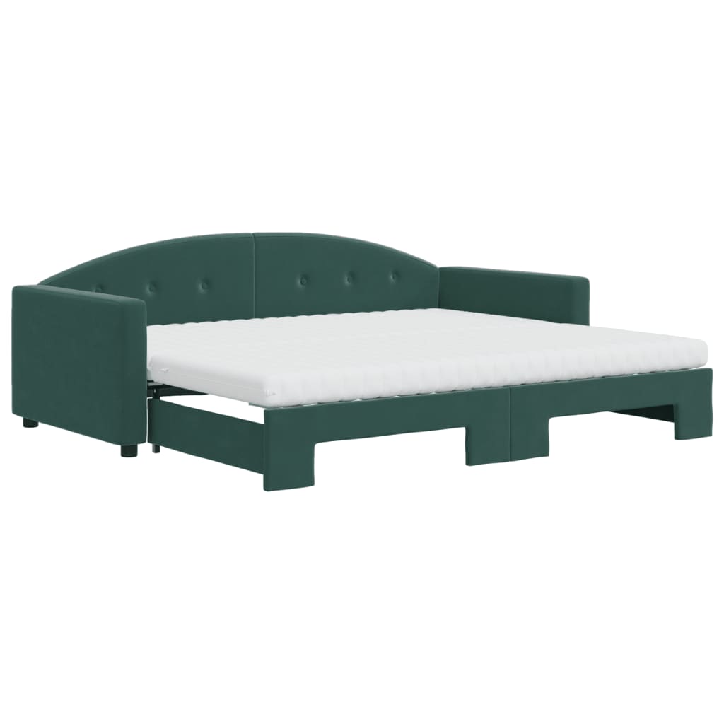 Slaapbank Onderschuifbed Matrassen 90X200Cm Fluweel 90 x 200 cm Donkergroen met onderschuifbed en matras