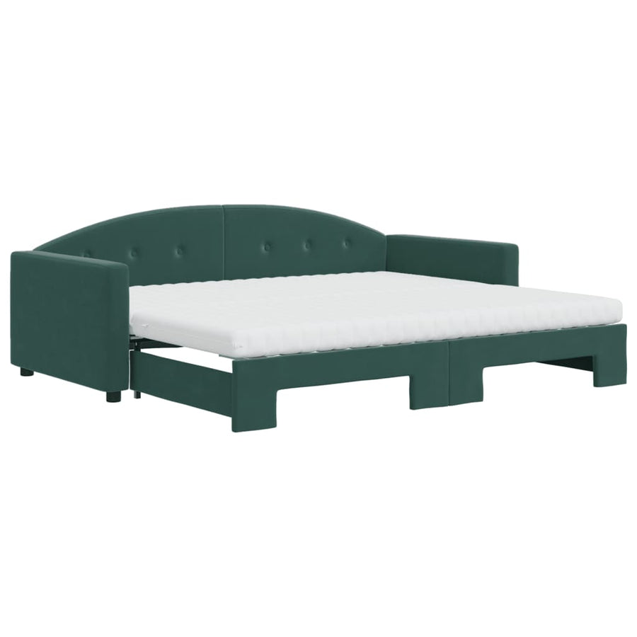 Slaapbank Onderschuifbed Matrassen 90X200Cm Fluweel 90 x 200 cm Donkergroen met onderschuifbed en matras