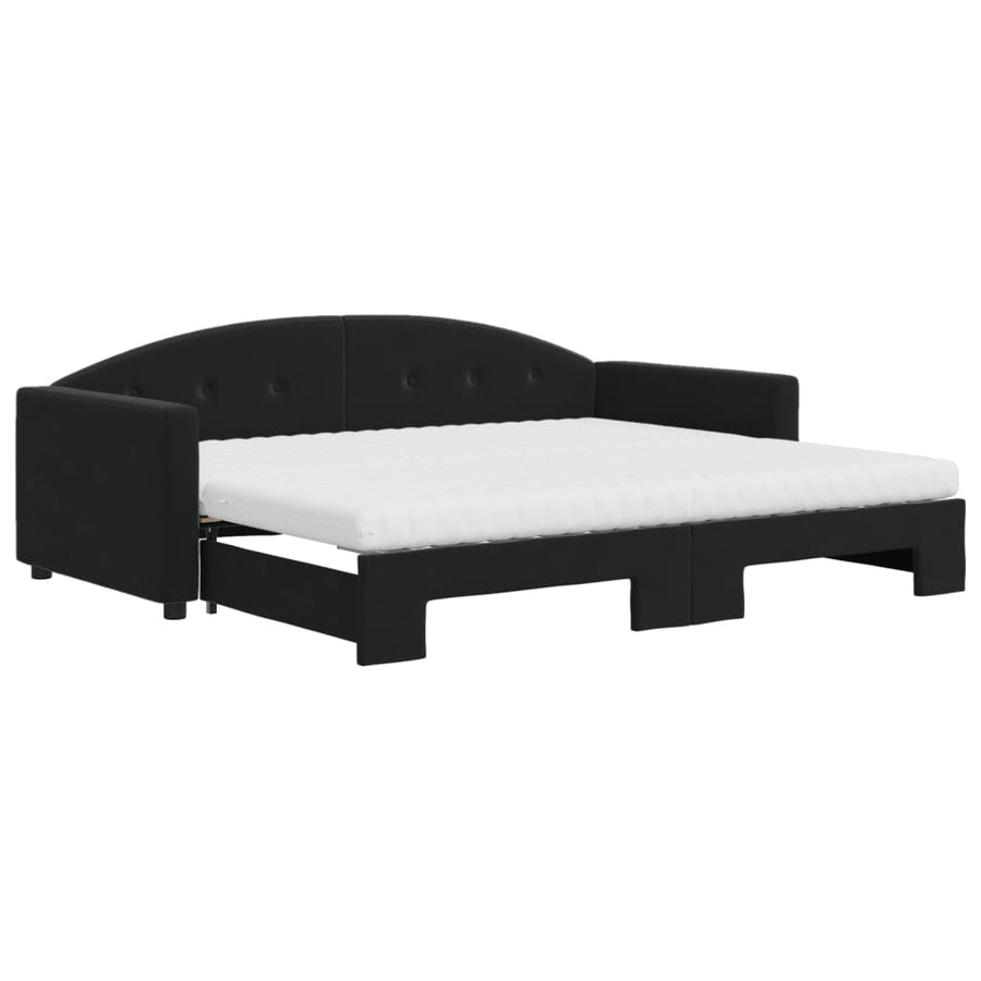 Slaapbank Onderschuifbed En Matrassen Fluweel 90 x 200 cm Zwart met onderschuifbed en matras