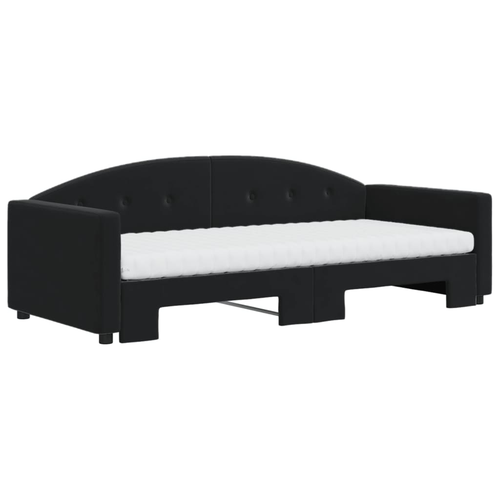 Slaapbank Onderschuifbed En Matrassen Fluweel 90 x 200 cm Zwart met onderschuifbed en matras