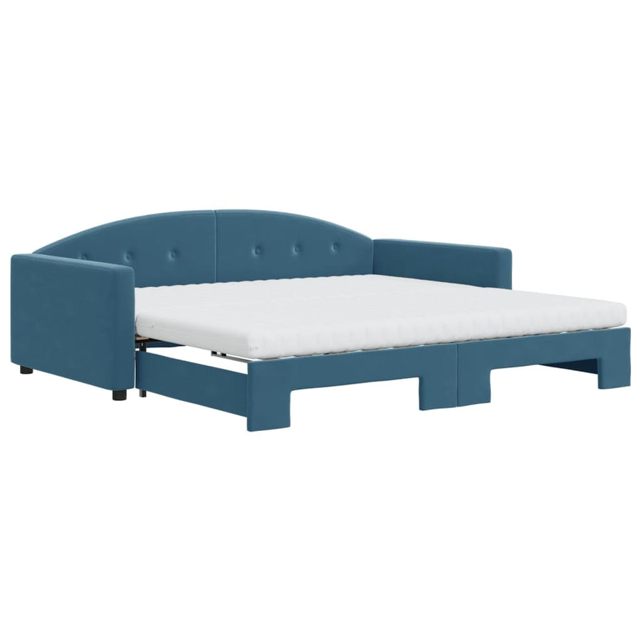 Slaapbank Onderschuifbed En Matrassen Fluweel 100 x 200 cm Blauw met onderschuifbed en matras