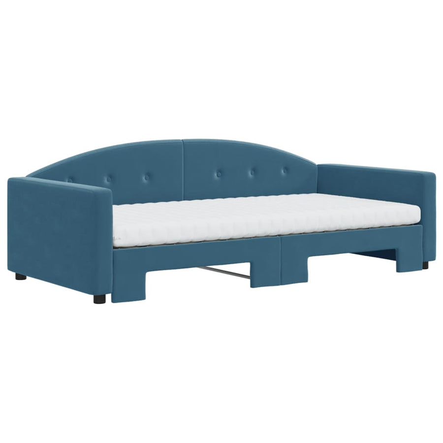 Slaapbank Onderschuifbed En Matrassen Fluweel 100 x 200 cm Blauw met onderschuifbed en matras