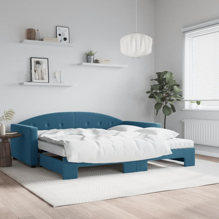 Slaapbank Onderschuifbed En Matrassen Fluweel 100 x 200 cm Blauw met onderschuifbed en matras