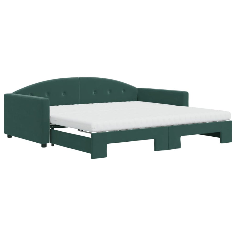 Slaapbank Onderschuifbed Matrassen 100X200Cm Fluweel 100 x 200 cm Donkergroen met onderschuifbed en matras