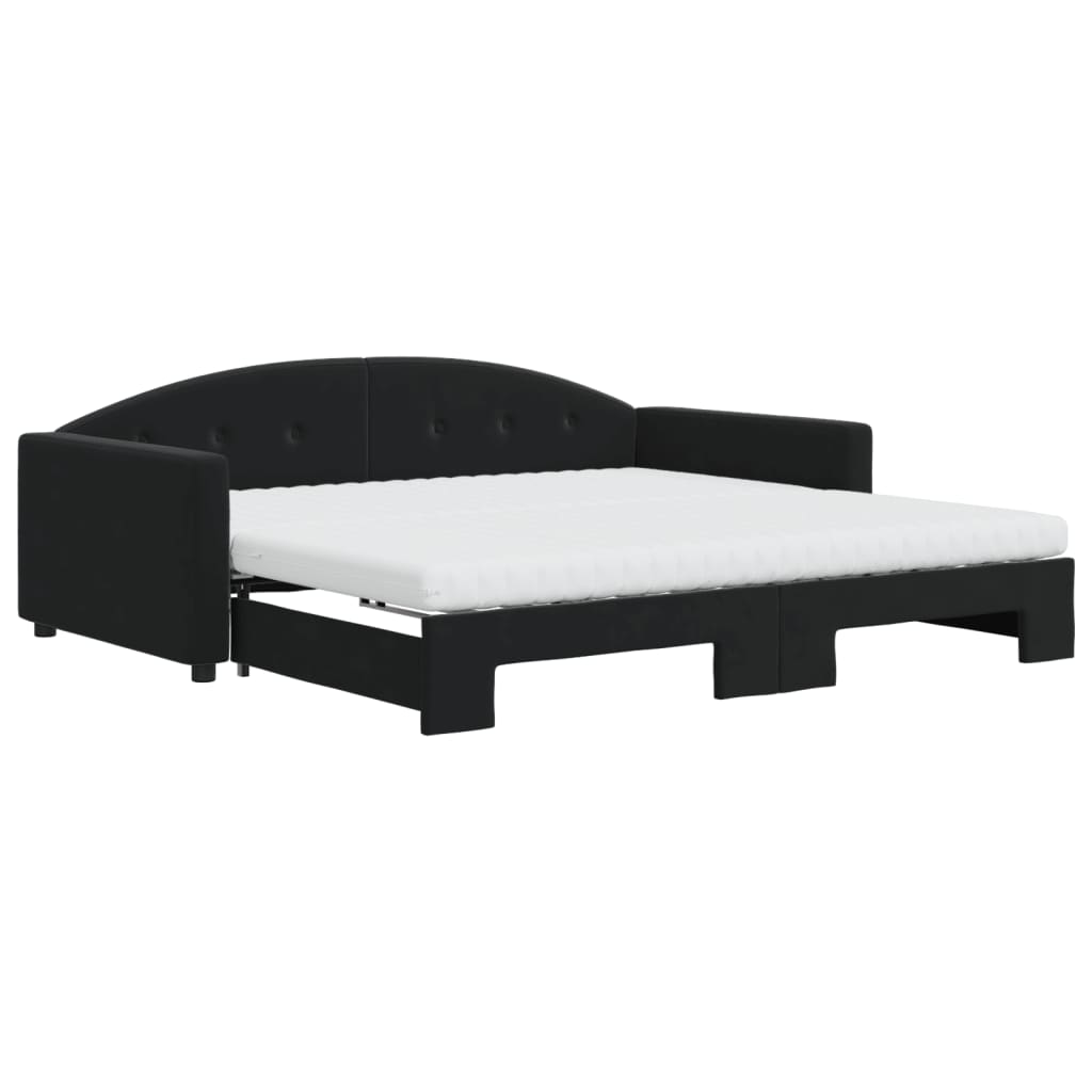 Slaapbank Onderschuifbed En Matrassen Fluweel 100 x 200 cm Zwart met onderschuifbed en matras