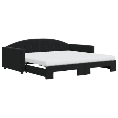 Slaapbank Onderschuifbed En Matrassen Fluweel 100 x 200 cm Zwart met onderschuifbed en matras