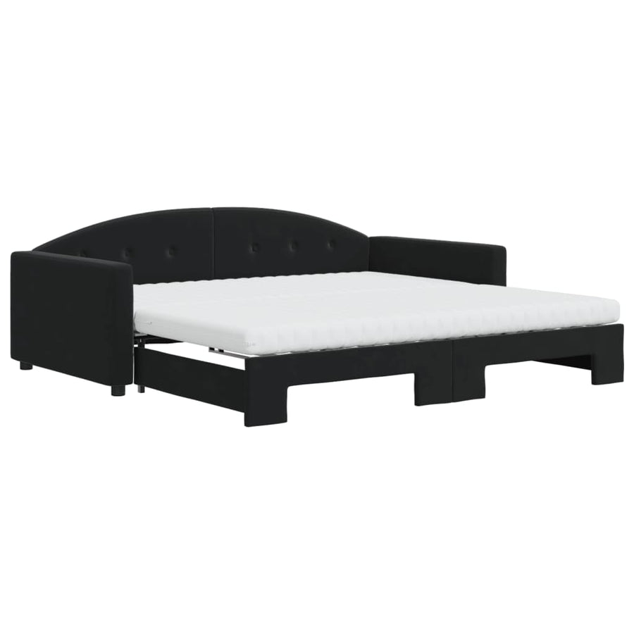 Slaapbank Onderschuifbed En Matrassen Fluweel 100 x 200 cm Zwart met onderschuifbed en matras