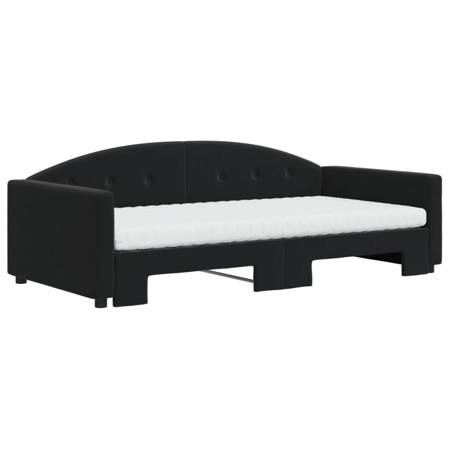 Slaapbank Onderschuifbed En Matrassen Fluweel 100 x 200 cm Zwart met onderschuifbed en matras