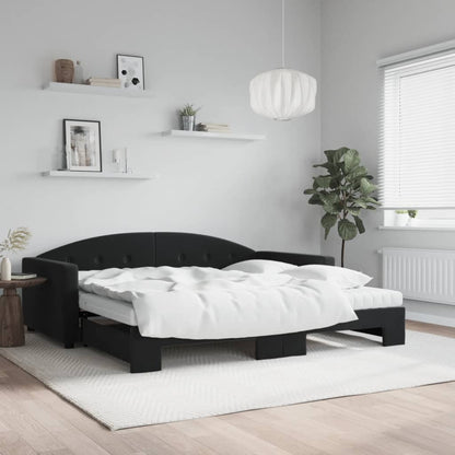 Slaapbank Onderschuifbed En Matrassen Fluweel 100 x 200 cm Zwart met onderschuifbed en matras