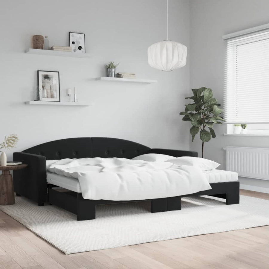 Slaapbank Onderschuifbed En Matrassen Fluweel 100 x 200 cm Zwart met onderschuifbed en matras