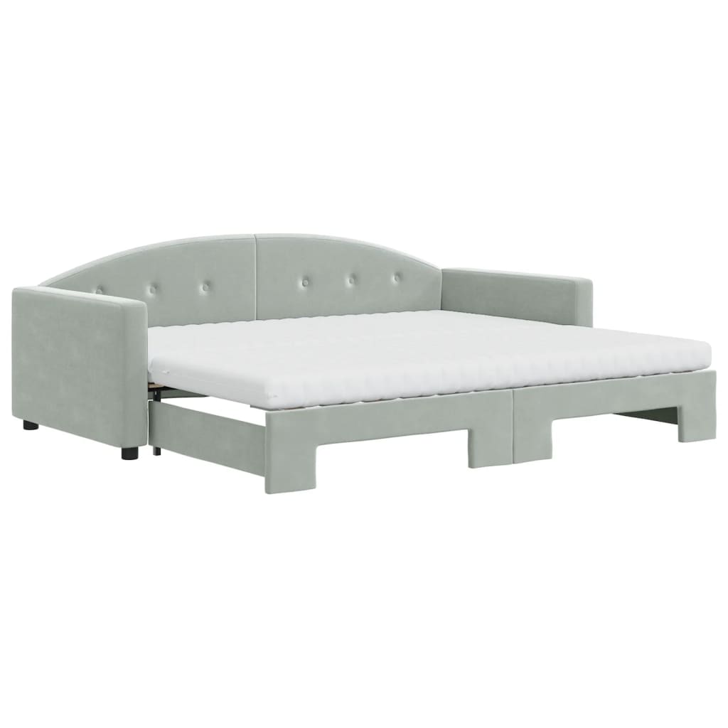 Slaapbank Onderschuifbed Matrassen 100X200Cm Fluweel 90 x 190 cm Lichtgrijs met onderschuifbed en matras