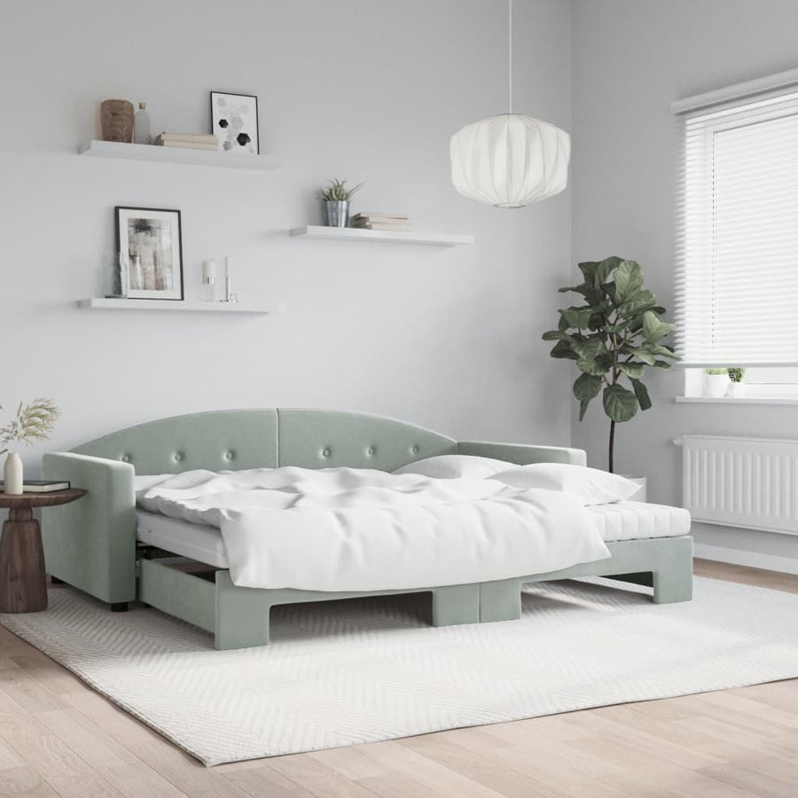Slaapbank Onderschuifbed Matrassen 100X200Cm Fluweel 90 x 190 cm Lichtgrijs met onderschuifbed en matras