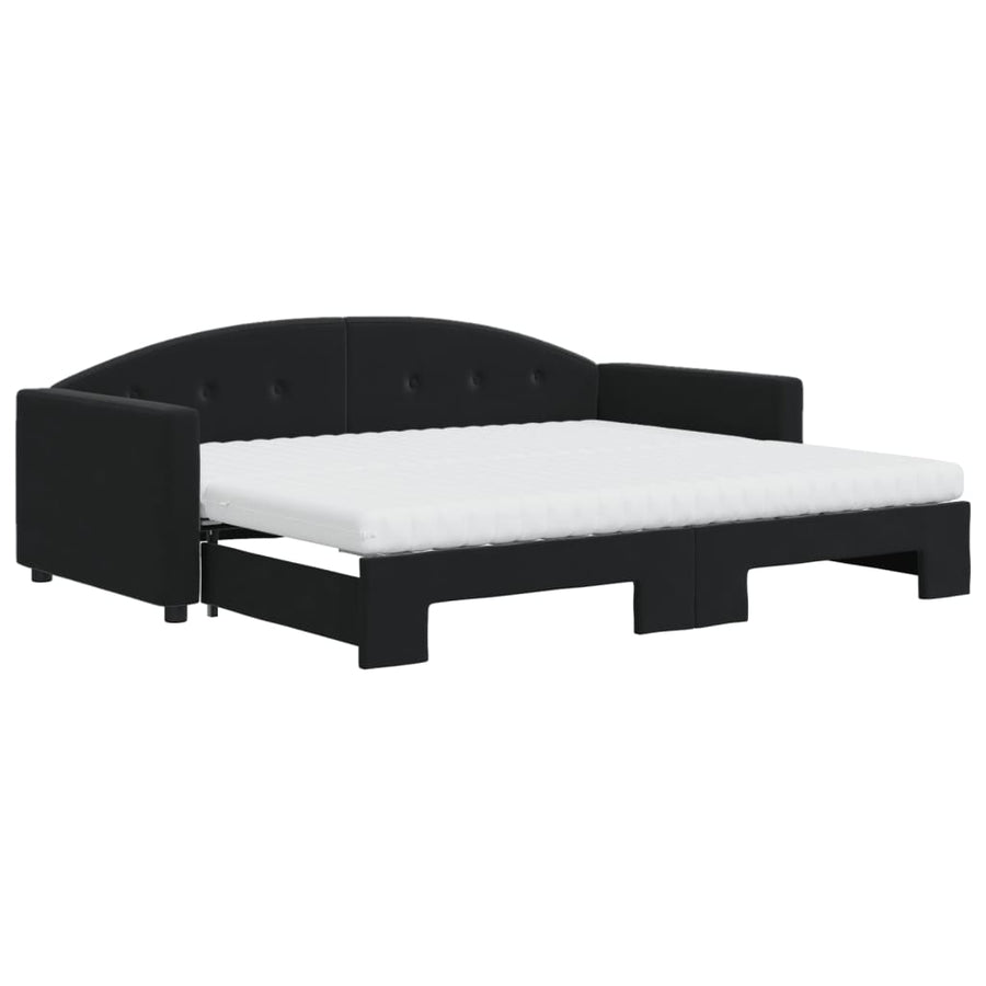 Slaapbank Onderschuifbed En Matrassen Fluweel 90 x 190 cm Zwart met onderschuifbed en matras