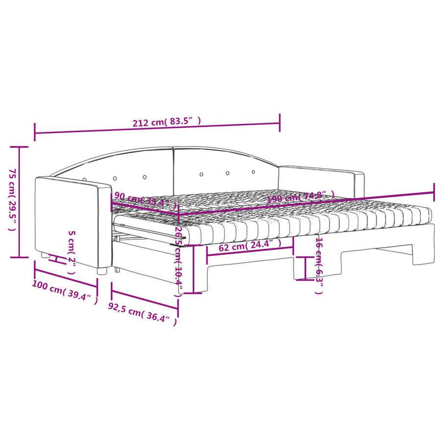 Slaapbank Onderschuifbed En Matrassen Fluweel 90 x 190 cm Zwart met onderschuifbed en matras