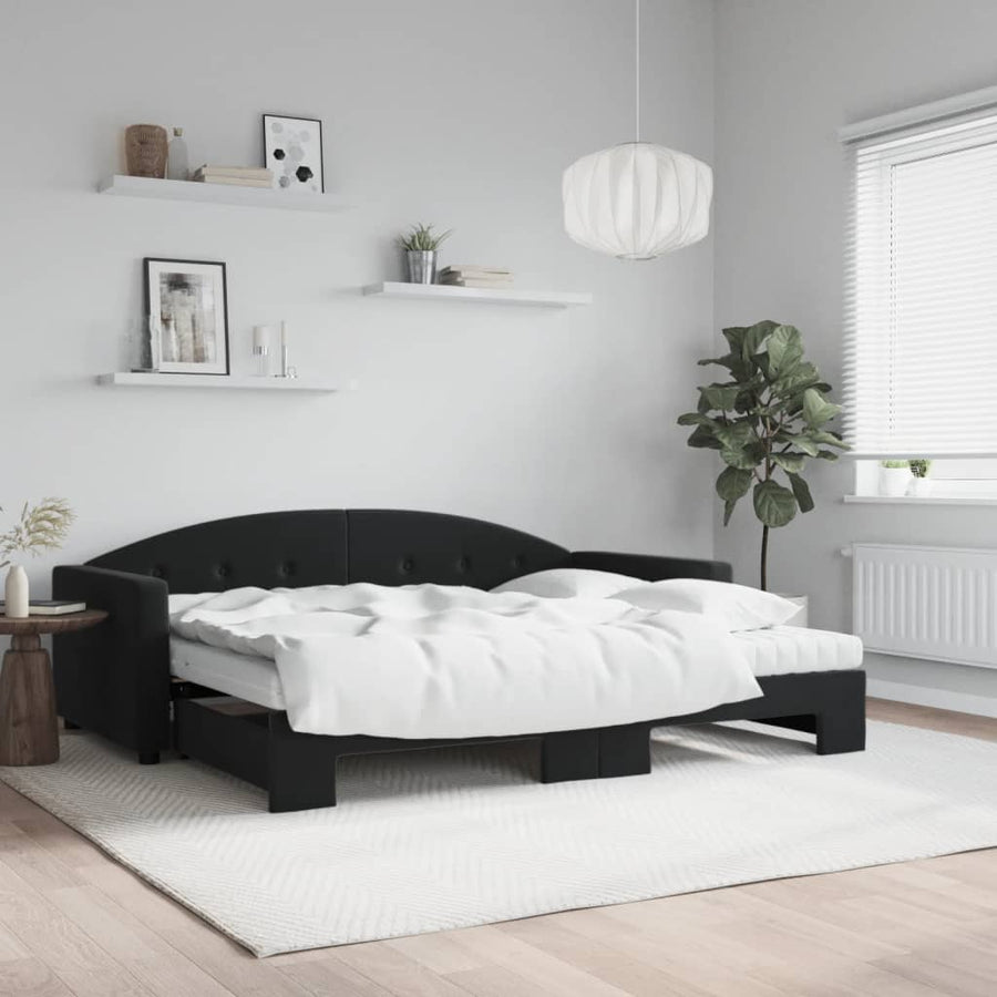 Slaapbank Onderschuifbed En Matrassen Fluweel 90 x 190 cm Zwart met onderschuifbed en matras