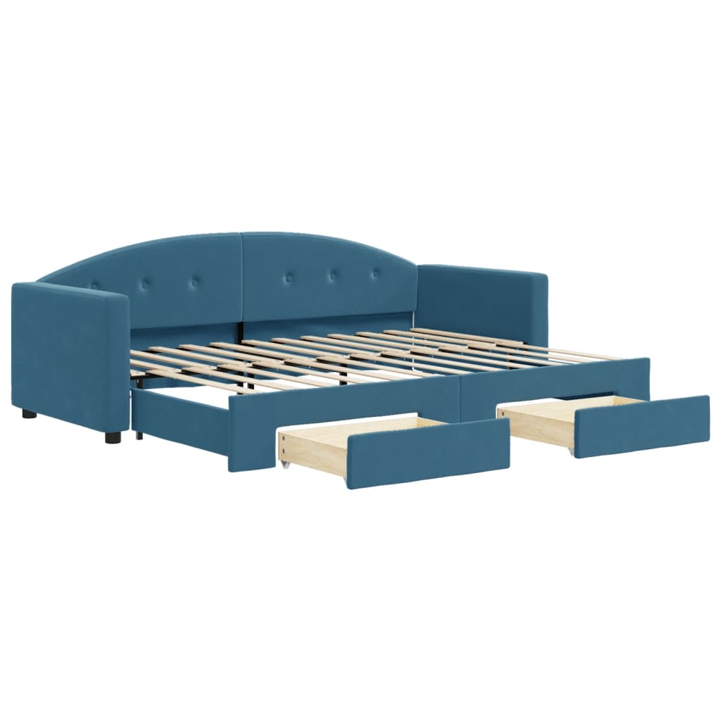 Slaapbank S Fluweel 80 x 200 cm Blauw met onderschuifbed en lade