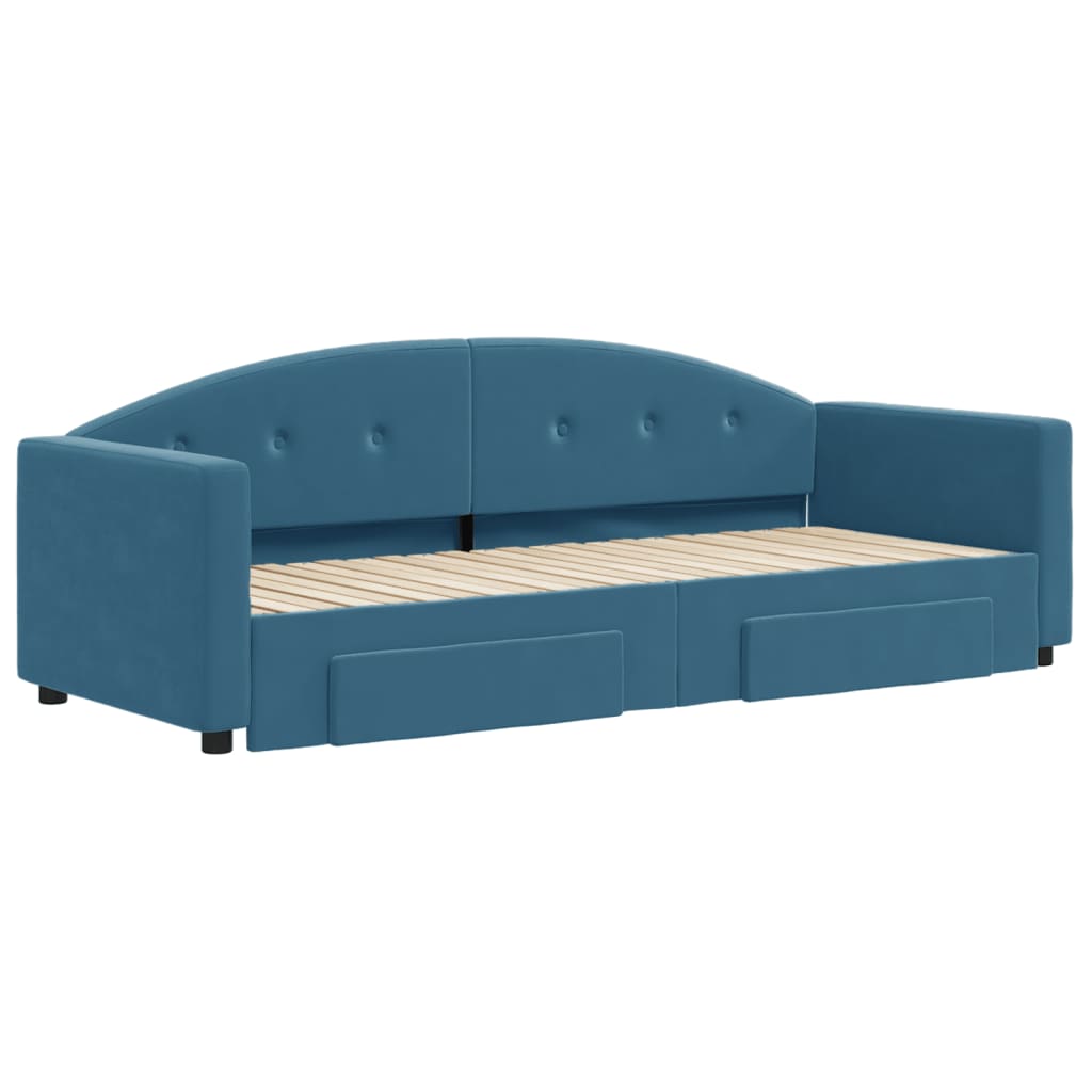 Slaapbank S Fluweel 80 x 200 cm Blauw met onderschuifbed en lade