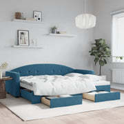 Slaapbank 80x200 cm met onderschuifbed en lades fluweel blauw