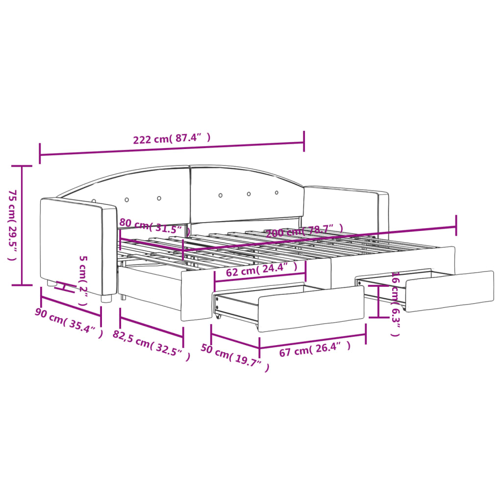 Slaapbank met onderschuifbed en lades 80x200 cm fluweel roze