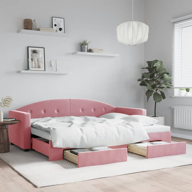 Slaapbank Met Onderschuifbed En Lades 80X200 Cm Fluweel Roze Roze 80 x 200 cm