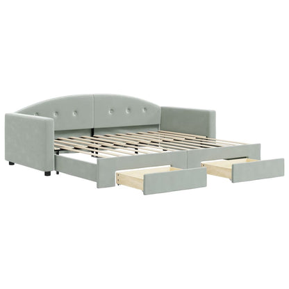 Slaapbank Onderschuifbed En Lades Fluweel 90 x 200 cm Lichtgrijs met onderschuifbed en lade