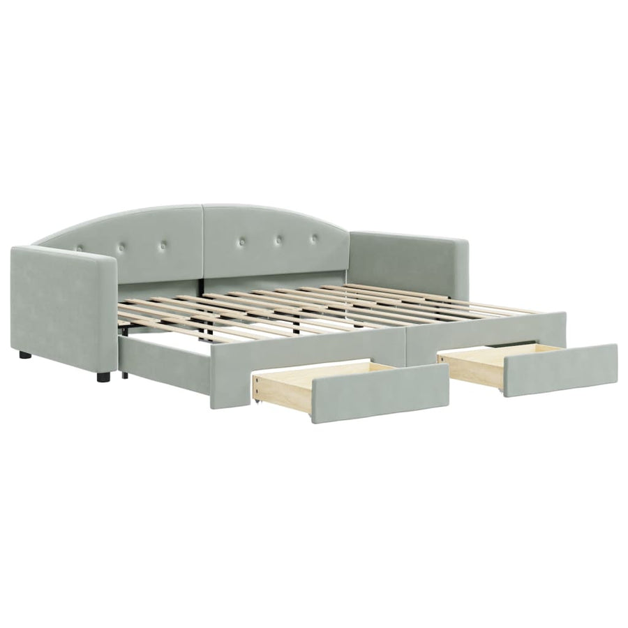 Slaapbank Onderschuifbed En Lades Fluweel 90 x 200 cm Lichtgrijs met onderschuifbed en lade
