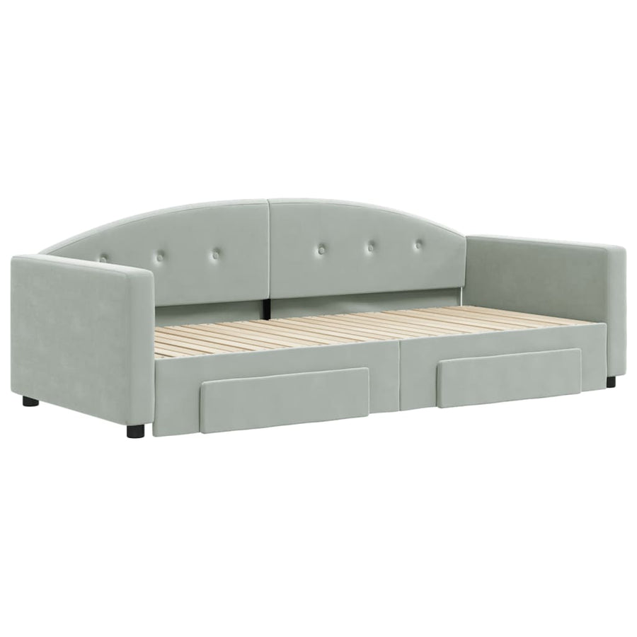 Slaapbank Onderschuifbed En Lades Fluweel 90 x 200 cm Lichtgrijs met onderschuifbed en lade