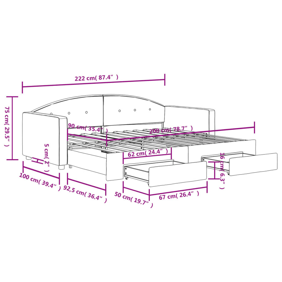 Slaapbank Onderschuifbed En Lades Fluweel 90 x 200 cm Lichtgrijs met onderschuifbed en lade