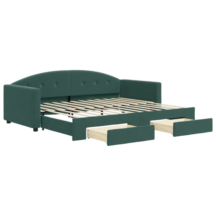 Slaapbank Onderschuifbed En Lades Fluweel 90 x 200 cm Donkergroen met onderschuifbed en lade