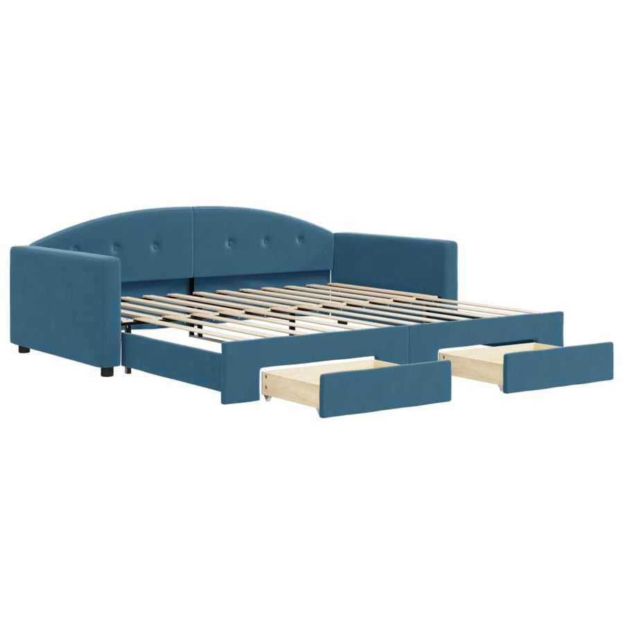 Slaapbank S Fluweel 100 x 200 cm Blauw met onderschuifbed en lade