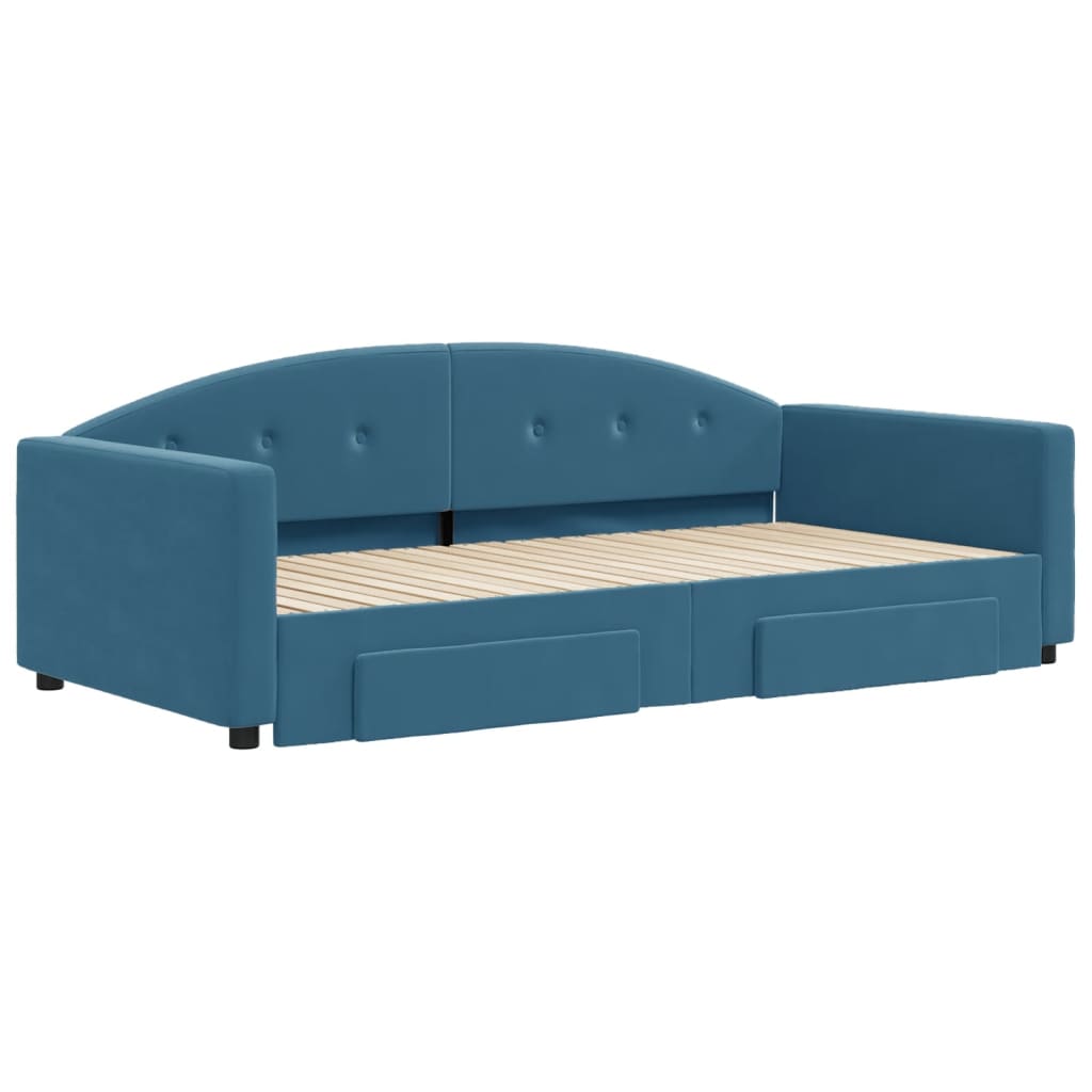 Slaapbank S Fluweel 100 x 200 cm Blauw met onderschuifbed en lade