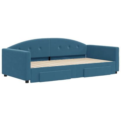 Slaapbank S Fluweel 100 x 200 cm Blauw met onderschuifbed en lade