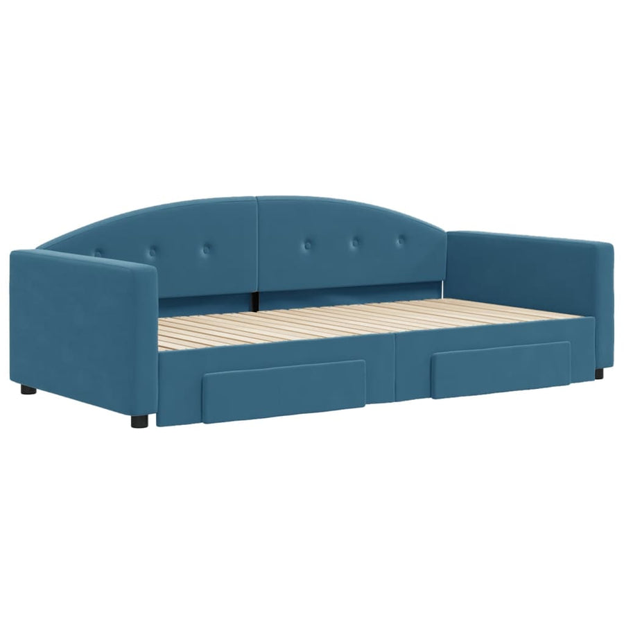 Slaapbank S Fluweel 100 x 200 cm Blauw met onderschuifbed en lade