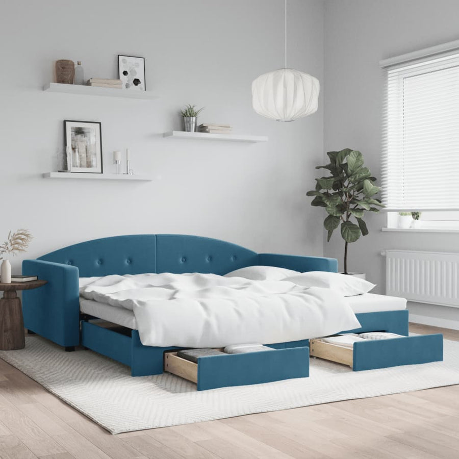Slaapbank S Fluweel 100 x 200 cm Blauw met onderschuifbed en lade