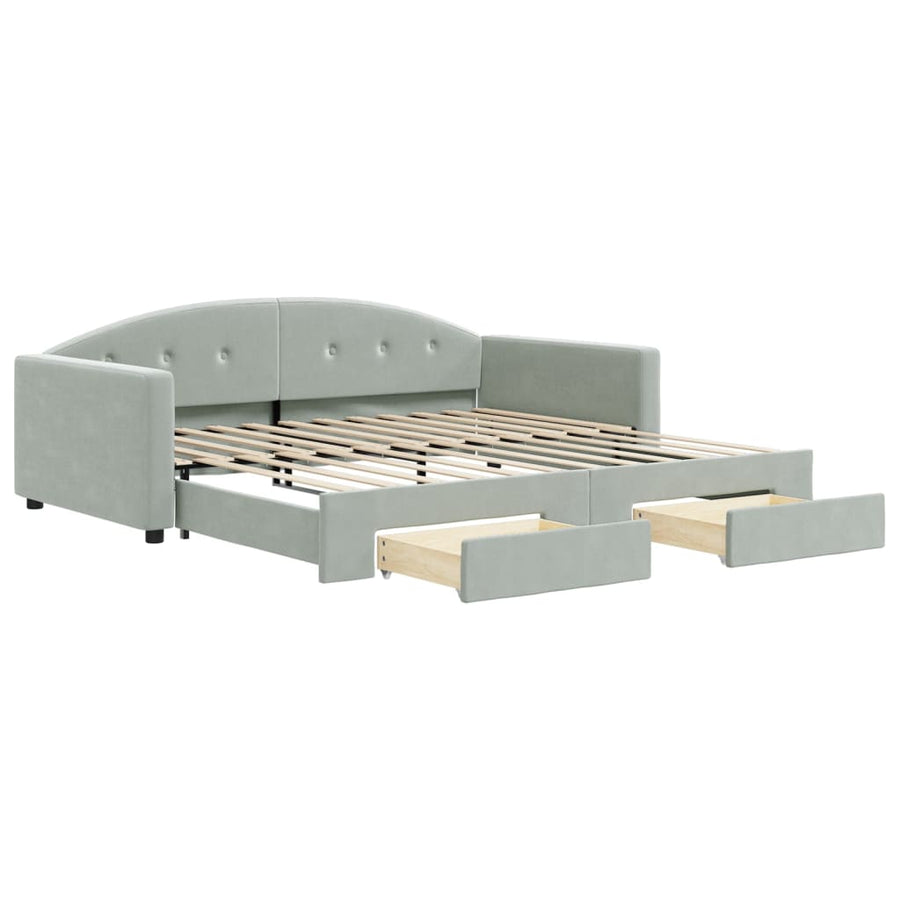 Slaapbank Onderschuifbed En Lades Fluweel 100 x 200 cm Lichtgrijs met onderschuifbed en lade