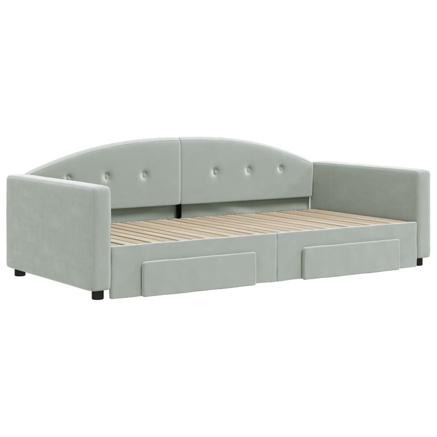 Slaapbank Onderschuifbed En Lades Fluweel 100 x 200 cm Lichtgrijs met onderschuifbed en lade