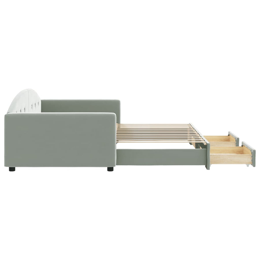 Slaapbank Onderschuifbed En Lades Fluweel 100 x 200 cm Lichtgrijs met onderschuifbed en lade