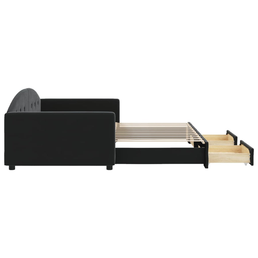 Slaapbank S Fluweel 100 x 200 cm Zwart met onderschuifbed en lade