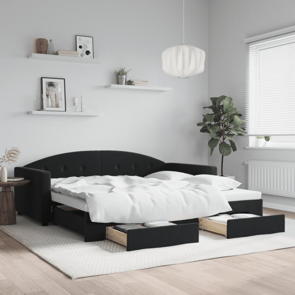 Slaapbank S Fluweel 100 x 200 cm Zwart met onderschuifbed en lade