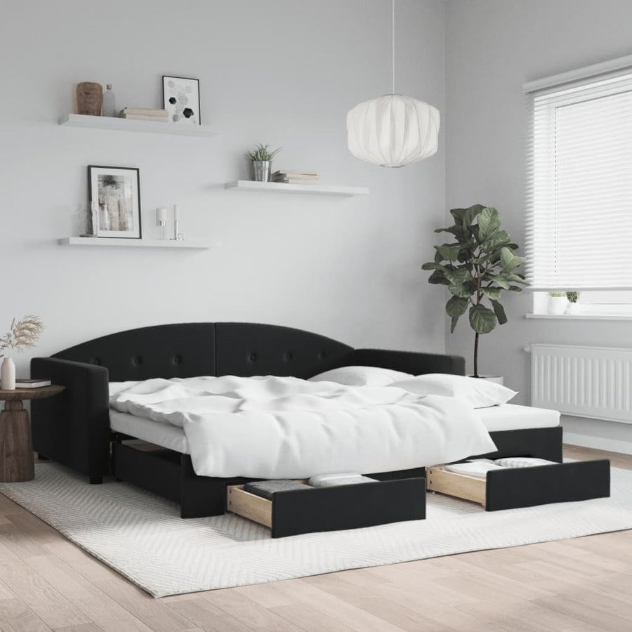Slaapbank S Fluweel 100 x 200 cm Zwart met onderschuifbed en lade