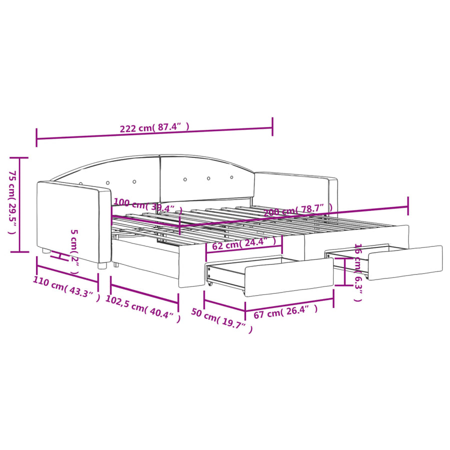 Slaapbank met onderschuifbed en lades 100x200 cm fluweel geel