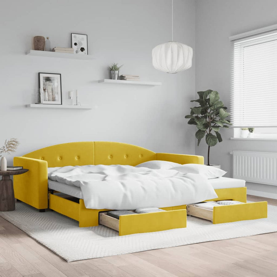 Slaapbank met onderschuifbed en lades 100x200 cm fluweel geel
