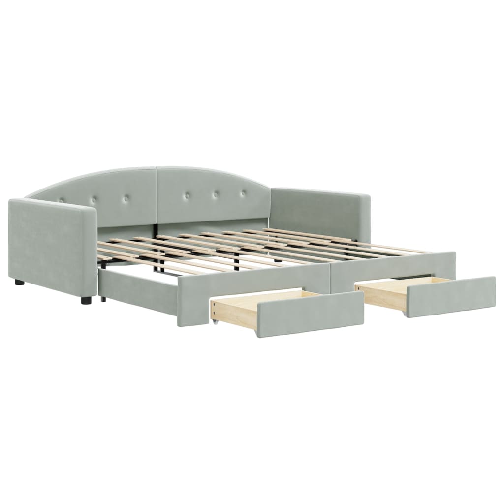 Slaapbank Onderschuifbed En Lades Fluweel 90 x 190 cm Lichtgrijs met onderschuifbed en lade