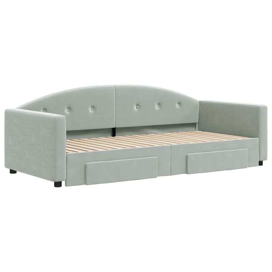 Slaapbank Onderschuifbed En Lades Fluweel 90 x 190 cm Lichtgrijs met onderschuifbed en lade
