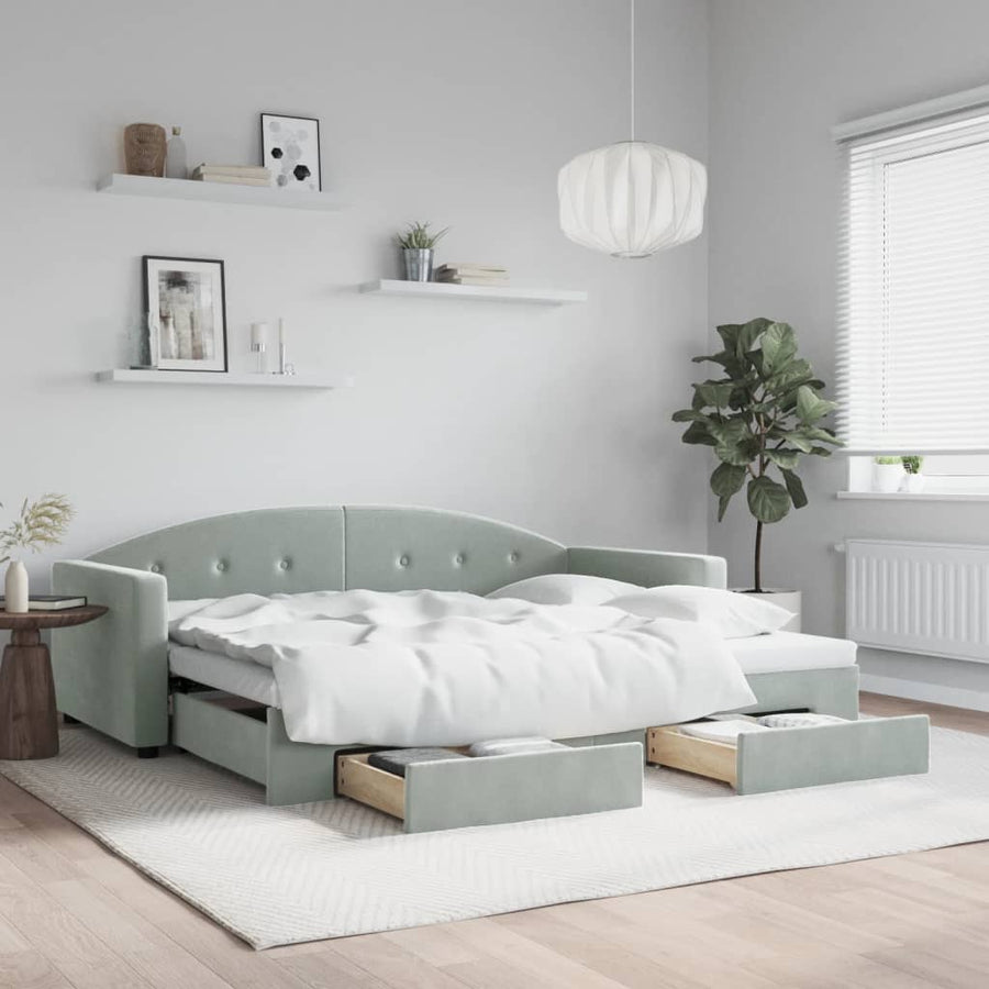 Slaapbank Onderschuifbed En Lades Fluweel 90 x 190 cm Lichtgrijs met onderschuifbed en lade