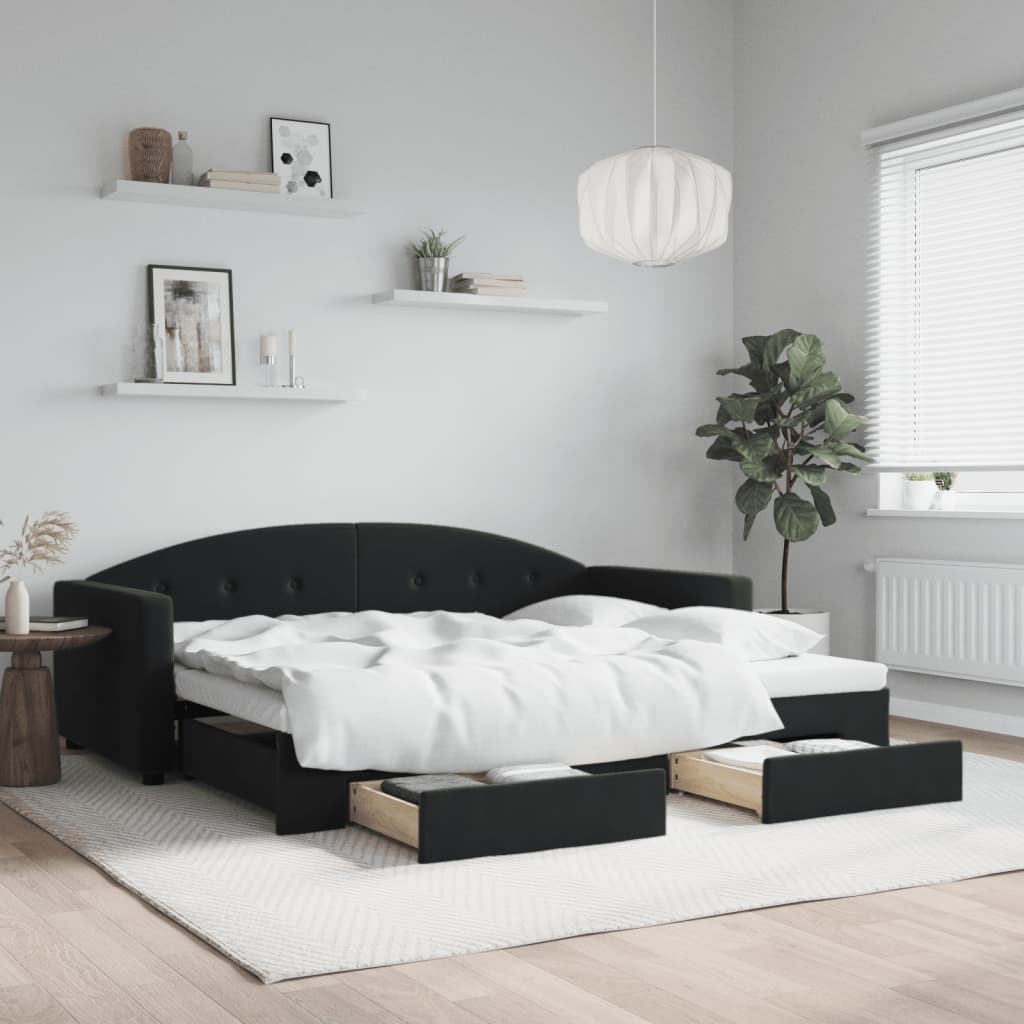 Slaapbank S Fluweel 90 x 190 cm Zwart met onderschuifbed en lade