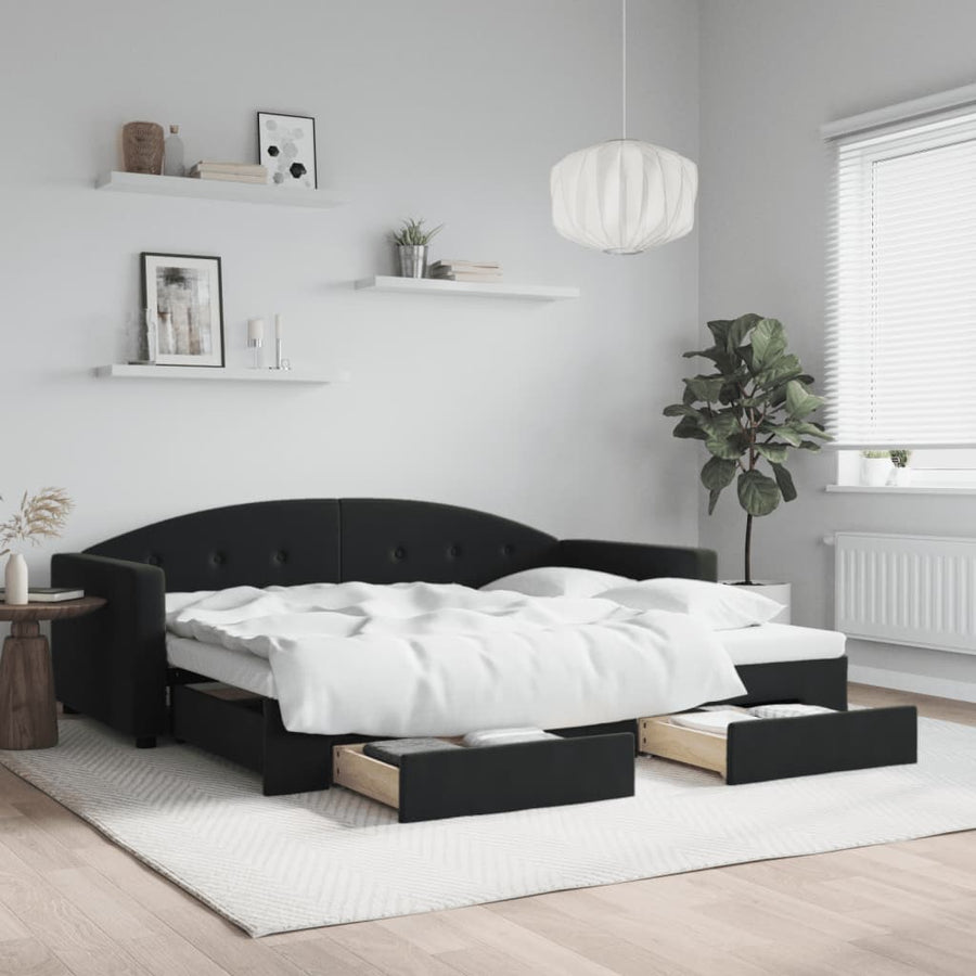 Slaapbank S Fluweel 90 x 190 cm Zwart met onderschuifbed en lade