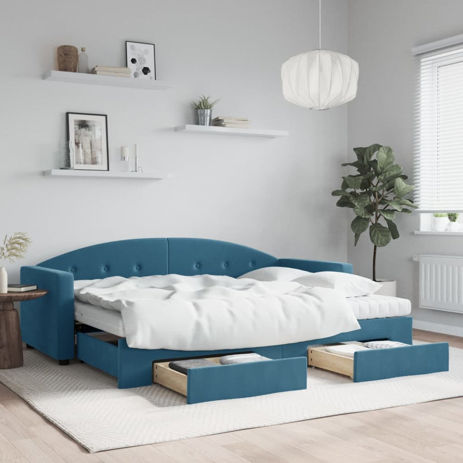Slaapbank met onderschuifbed en lades 80x200 cm fluweel blauw